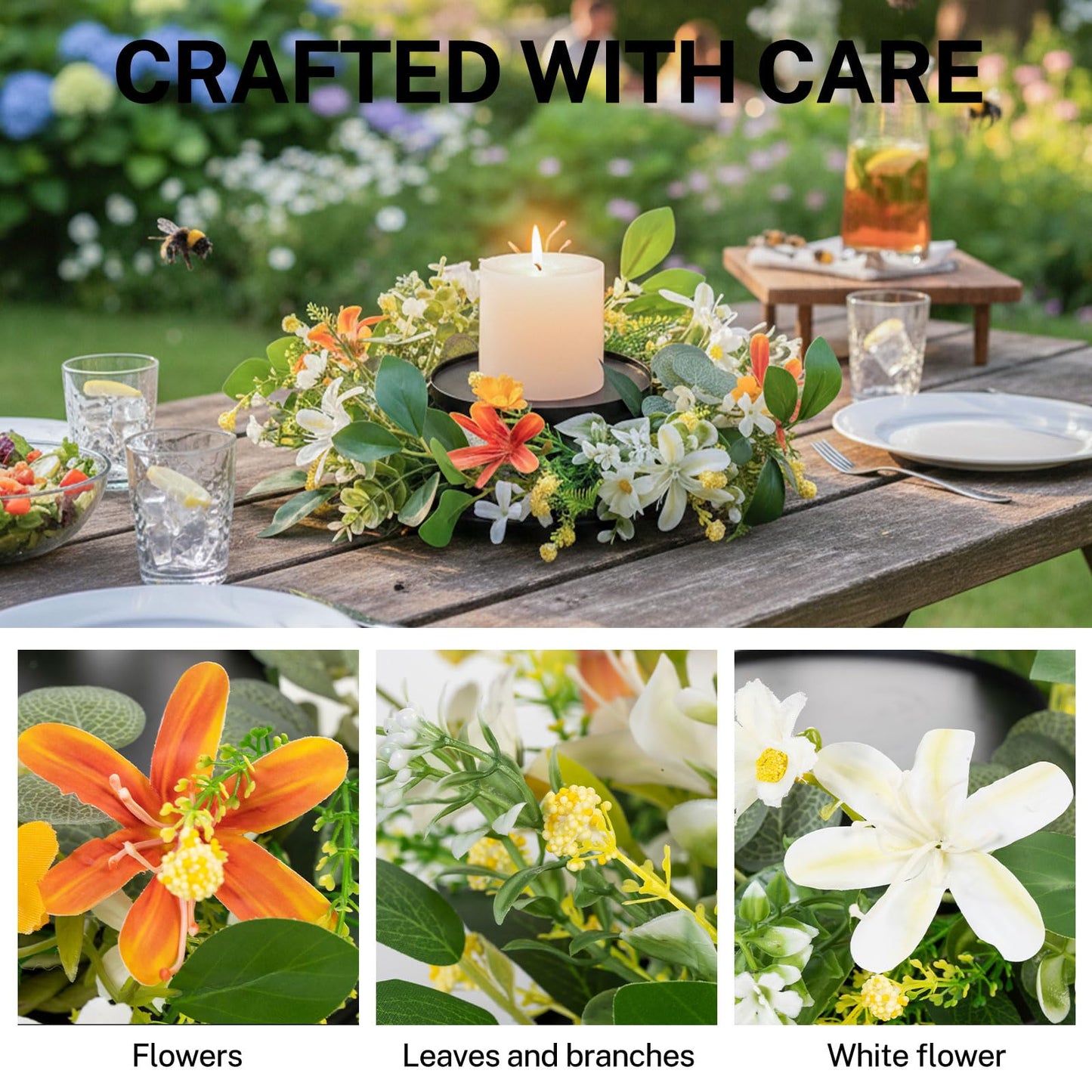 MOYEE Summer Candle Holder Centerpieces for Tables,Candle Ring, Black Metal Candlestick with an Artificial Wreath 14 in Versatile Dining Table Centrepiece (Red Flower Green Leaf Wreath)