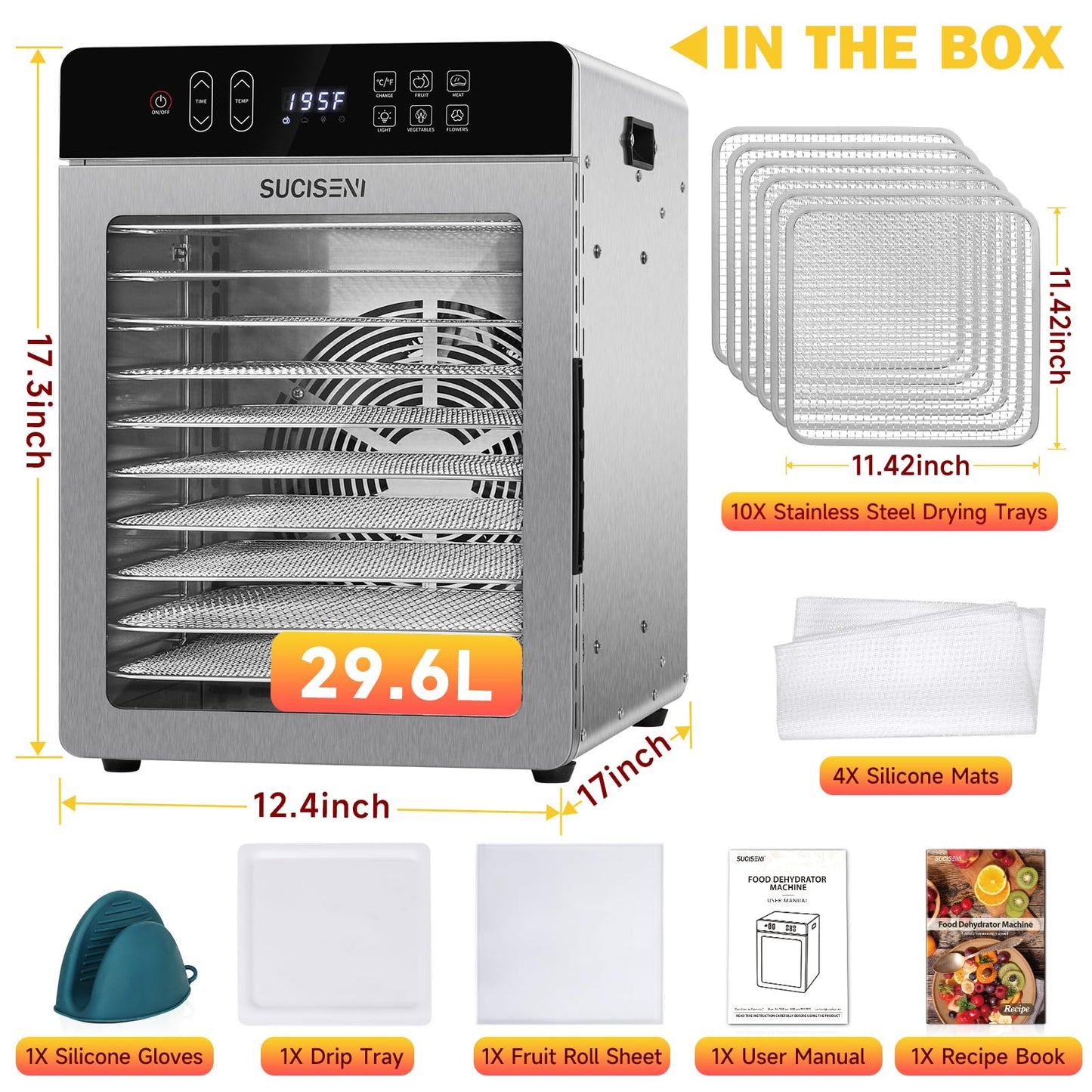 SUCICENI Food Dehydrator for Jerky, 10 Stainless Steel Trays 9ft² Dehydrator Machine, 1000W Dehydrator with 24H Timer 195℉ Temperature Control for Meat, Fruits, Veggies, Dog Treats