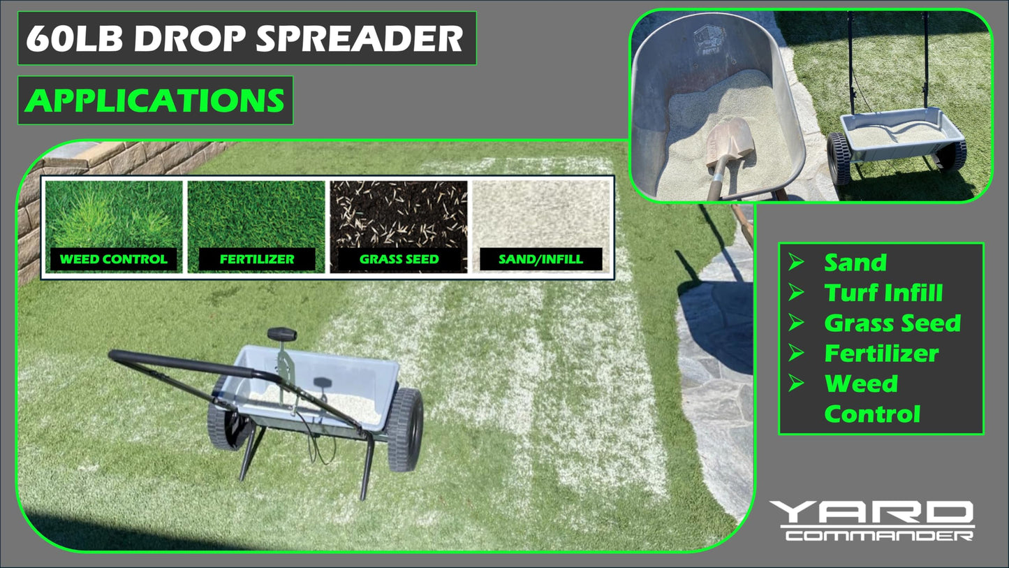 Yard Commander - 60 LB Walk-Behind Push Drop Spreader - Holds Up to 15,000 SQFT of Product - Great for Applying Fertilizer & Grass Seed - Adjustable Drop Rate & Composite Hopper