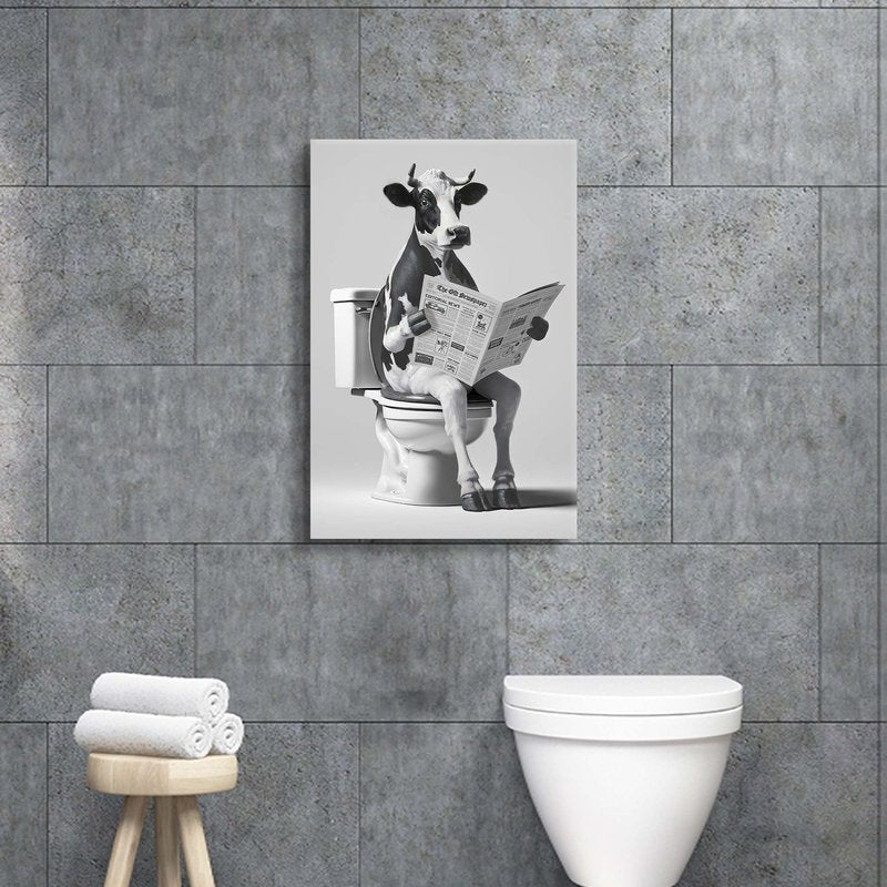 Animal Bathroom Wall Art Decor: Funny Cow Canvas Picture Black and White Bathroom Print Artwork Fun Animal on Toilet Painting for Home Restroom Farmhouse