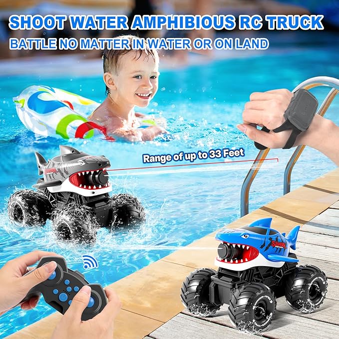 Gesture Sensing Amphibious Remote Control Shark Monster Truck with Water Squirt 4WD 1:16 RC Car All-Terrain Waterproof RC Tank Pool Toy Outdoor Summer Gifts for Kids Age 6+（With 2 Replaceable battery)
