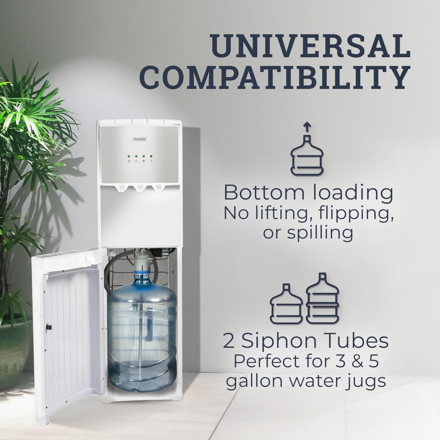 Igloo Bottom-Loading Water Dispenser – Water Cooler Dispenser with Hot, Cold & Temperature Settings- Electric Water Dispenser Fits 3- & 5-Gallon Jugs with Child Safety Lock Office Use– White Stainless