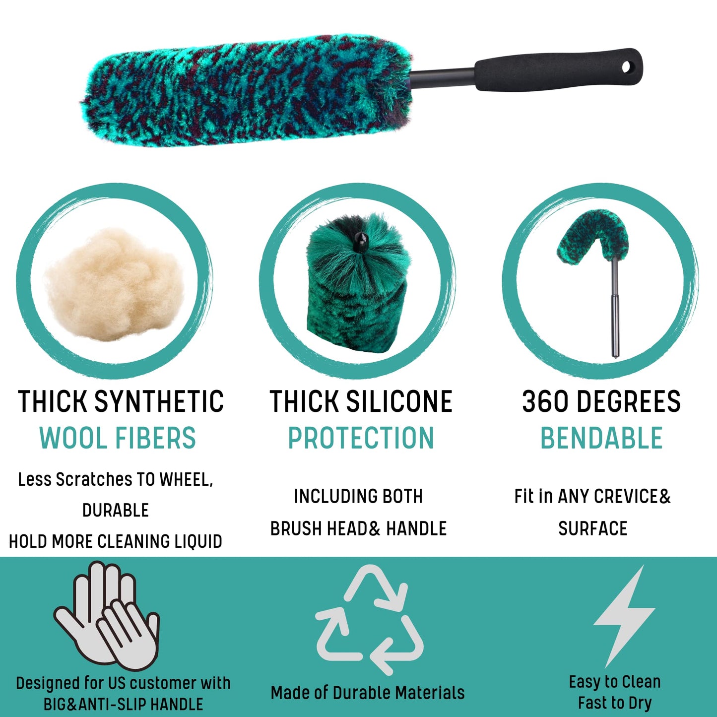 oesee Professional 4 Pack Long Handle Wheel Brush Kit for Cleaning Wheel and Tire- 2X Soft Wheel Cleaning Brush, Detailing Brush and Stiff Tire Brush, Bendable& Durable Wheel Rim Cleaner Brush Set