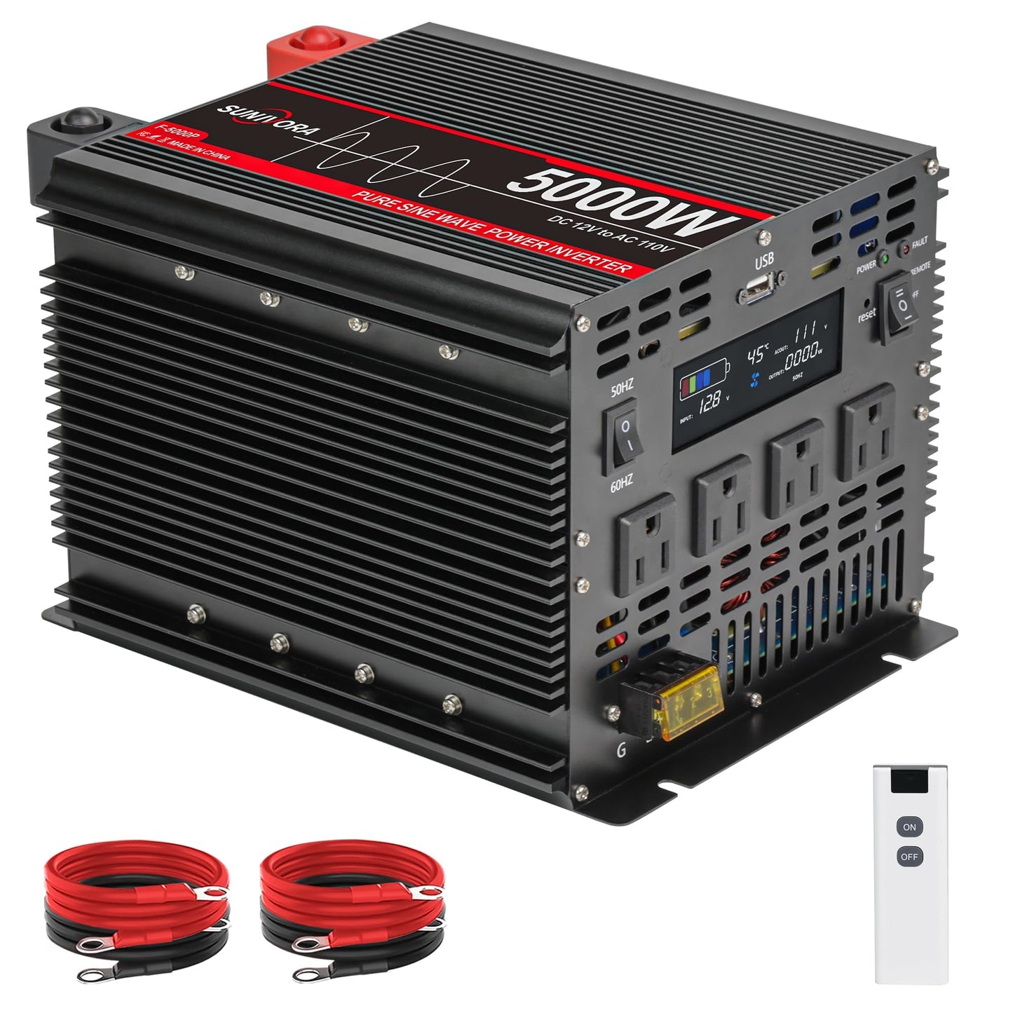 5000 Watt Pure Sine Wave Power Inverter, 12V DC to 110V/120V AC Converter 10000W Peak, with Remote Control LCD, 4 AC Outlets & USB Port & Hardwire Terminal, for Car Truck RV Camping Solar System EPS