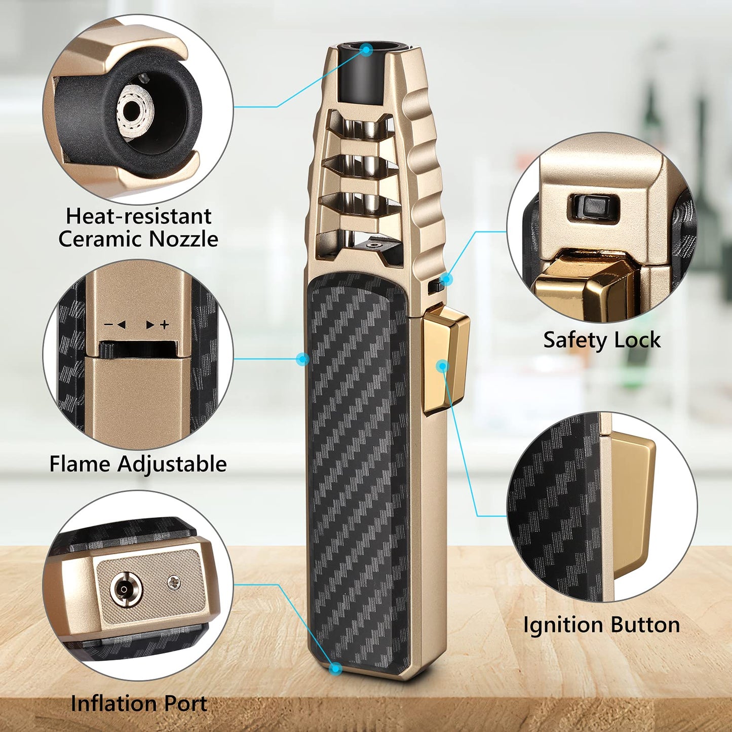 Butane Torch Lighter, Refillable Kitchen Cooking Torch Windproof Adjustable Flame Solar Beam Torch Blow Torch with Safety Lock for Baking Creme Brulee