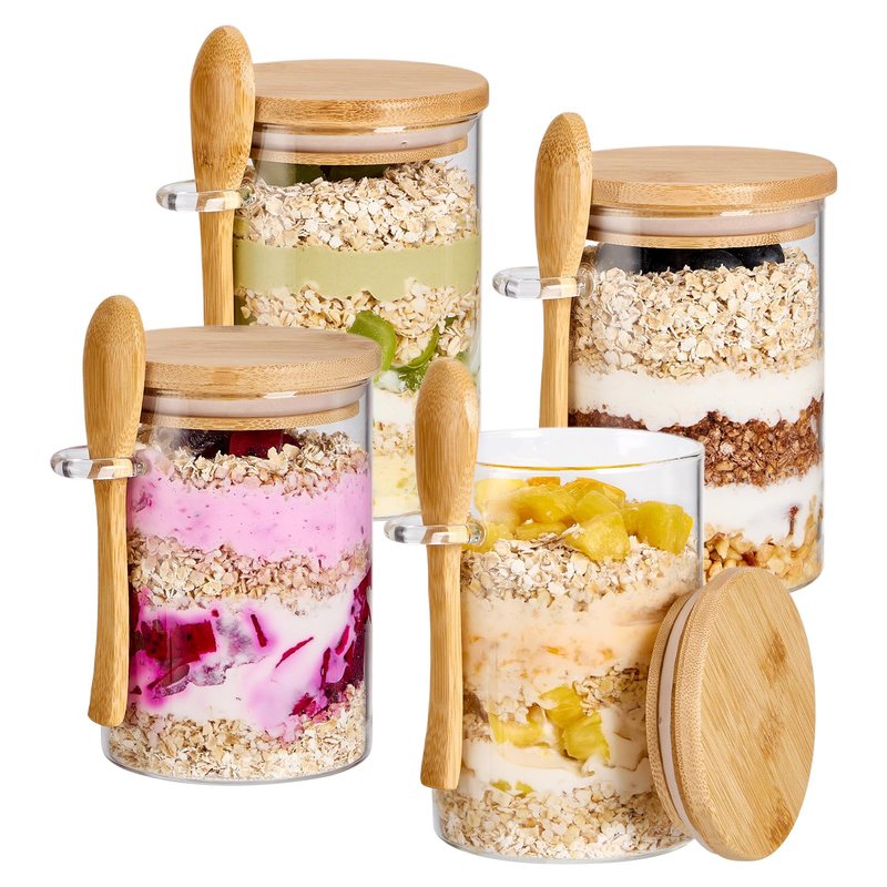 4 Pack Overnight Oats Containers with Bamboo Lids and Spoons - 22 oz Airtight Glass Jars with Lid, Meal Prep Jars for Chia Pudding, Yogurt, Salad, Cereal, Coffee, Flour | Food Storage Canister