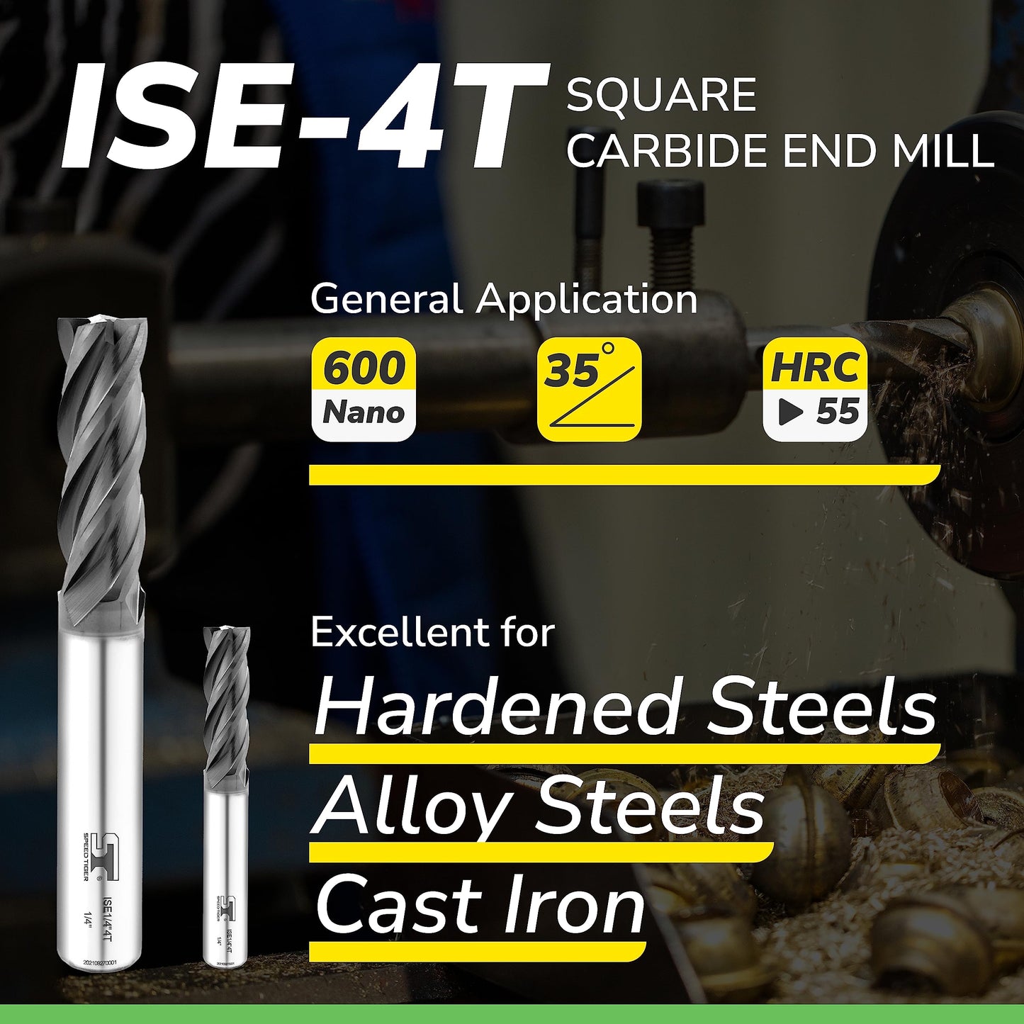 SPEED TIGER ISE Carbide End Mill 1/8” – 4 Flute, Square Nose, AlTiBN Coated, CNC Router Bit for Hardened Steel, Alloy Steel, Stainless Steel – Made in Taiwan, 5-Pack