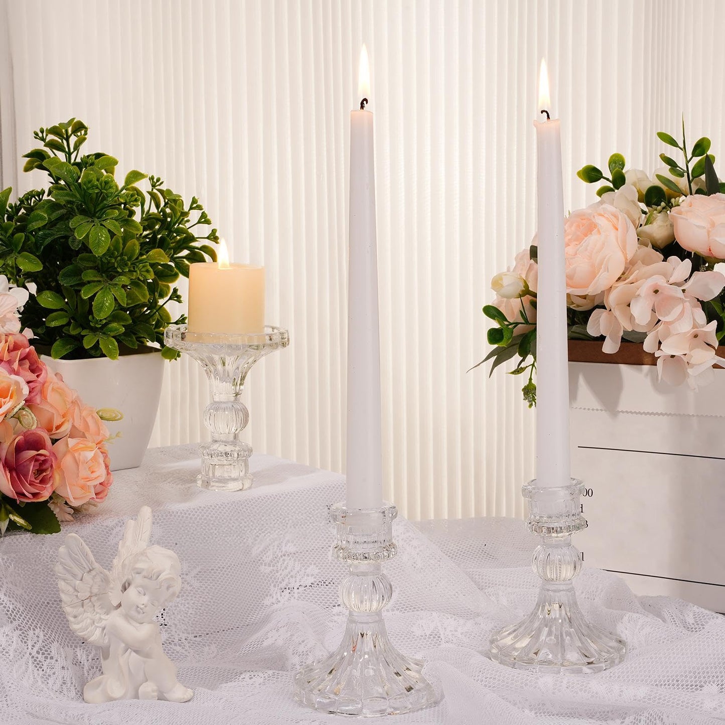 Suclain 12 Pcs Wedding Candlestick Holders Taper Candles Set Clear Glass Candle Holder and White Tapered Candles Dripless Tall Candle Sticks for Wedding Party Table Favor(Transparent)