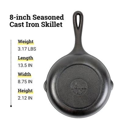 Lodge 8" Cast Iron Skillet - Chef Collection - Perfect Sear - Ergonomic Handles - Superior Heat Retention - Cast Iron Cookware & Skillet