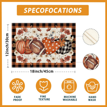 XCHI Fall Football Pumpkin Love Heart Flowers Plaid Placemats Set of 6 Table Mats for Party Home Kitchen Dining Table Decorations 12x18 Inch