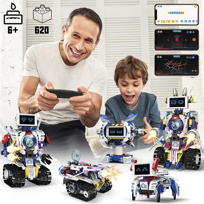 5 in 1 STEM Robot Building Kit APP &amp Remote Control Screen Building Toys Eye Coding Robots Rechargeable 620Pcs DIY Super Warriors for Kids Learning Boys Girls Birthday Gifts
