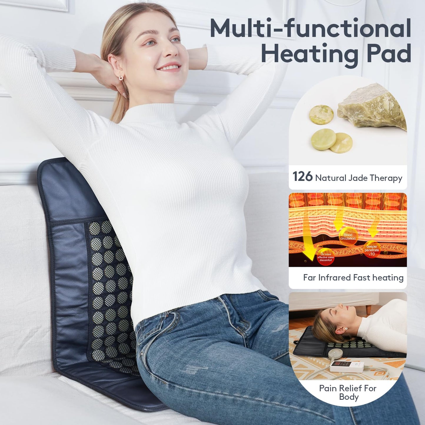 UTK Upgrade Far Infrared Heating Pad for Back, 5X Deeper Pain Relief Pure Jade Heating Pad with 153 Natural Jades, Hotter to 159℉, Weighted Electric Mat with Larger Heat Area, 4H Auto-Off, 31"x 21"