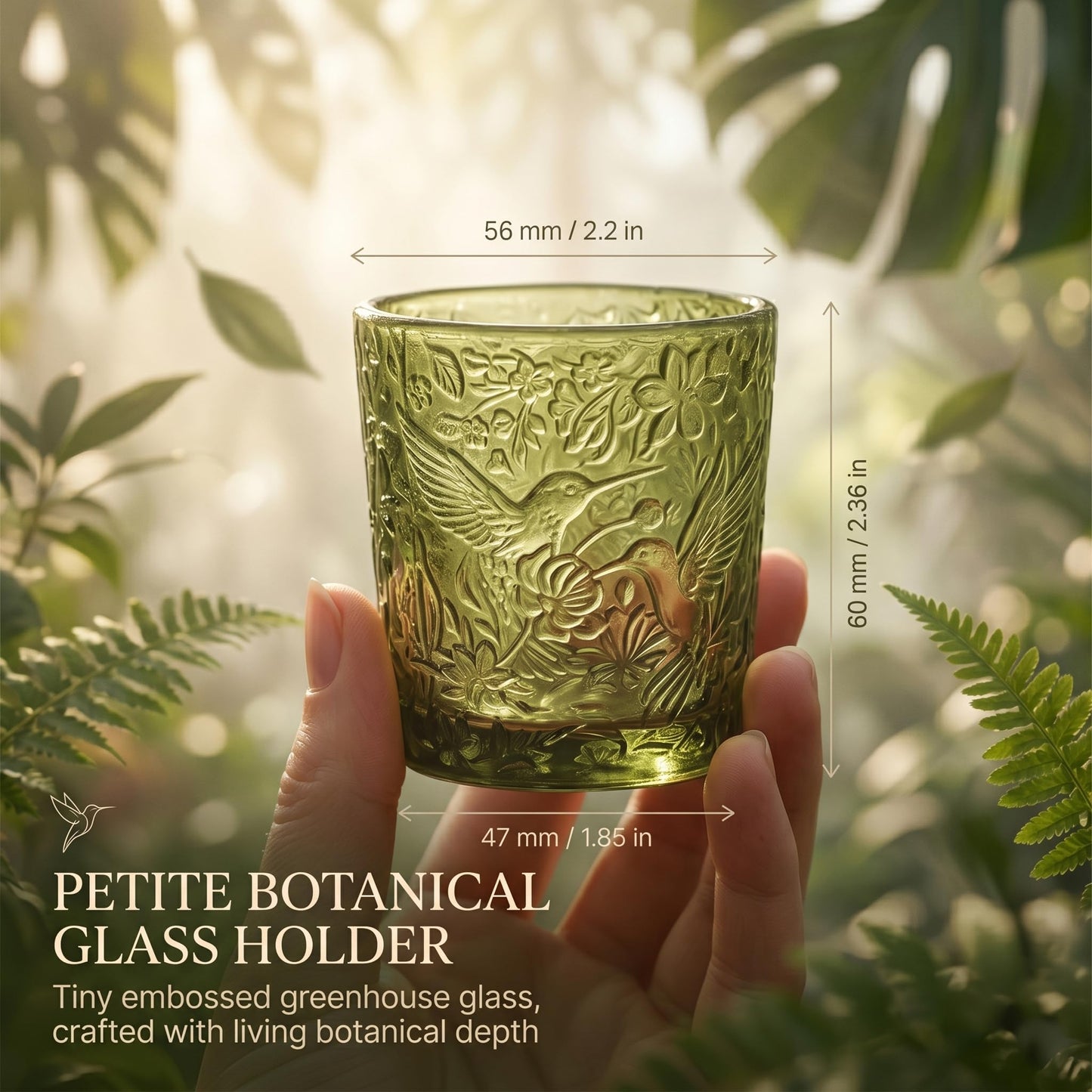 12 Pack Hummingbird Embossed Glass Candle Holders – Votive Tealight Holders with Patent Design, Decorative Embossed Glass Cups for Wedding Centerpieces, Parties, and Home Décor (Moss Green)