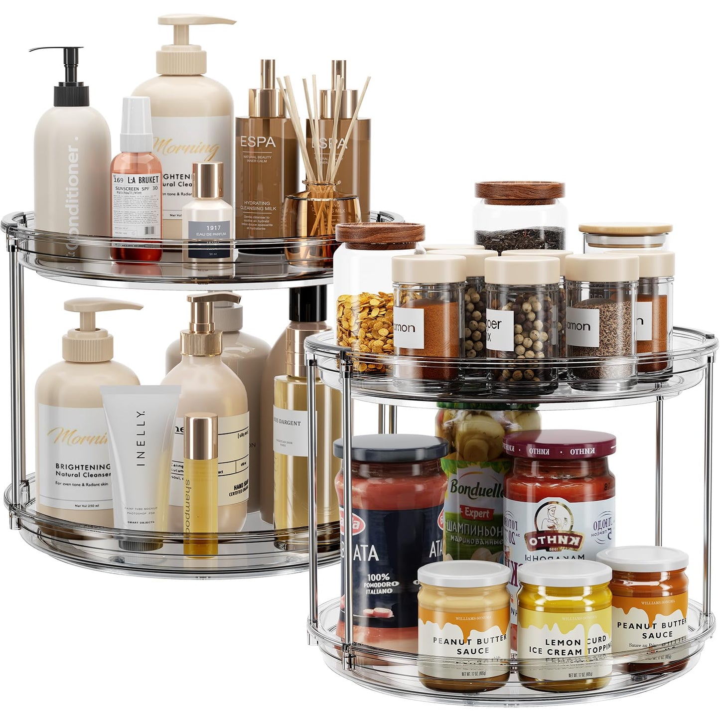 LAMU 2 Tier Lazy Susan Turntable Organizer 9.25'' Rotating Spice Rack Organization for Cabinet, Kitchen, Pantry, Countertop, Bathroom, Vanity, Medicine Cabinet Organizer, Clear