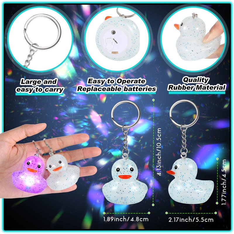 Deekin 100 Pcs LED Light up Rubber Duck Keychain, Glow in The Dark Cruise Duck Keychain Bulk, 3D Tiny Key Chains for Carnival, Birthday Party, Goodie Bag Fillers, Wedding Favors (Stylish)