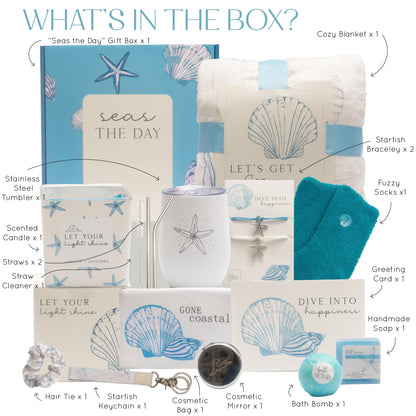 Mother's Day Ocean Themed Gifts for Women. 15pc Gift Basket Filled with Beach Lover Essentials and Spa Gifts for Her. Thinking of You for Mom, Friends, Coworkers, Birthday Gift for Woman