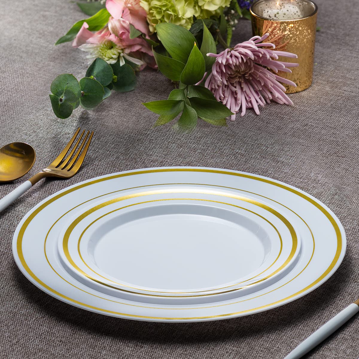 SETUP 60-Piece Gold Trim Plastic Dinnerware Set – 30 10.25" Dinner & 30 7.5" Salad Plates – Heavy-Duty Disposable for Weddings, Catering, Parties