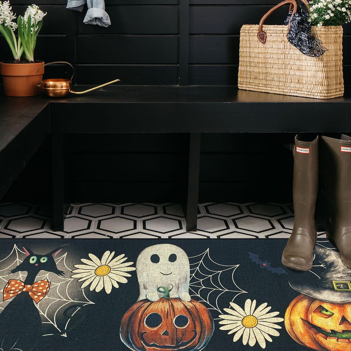 SHIYUE Halloween Kitchen Mat Set of 2, Ghost Pumpkin Boo Kitchen Rugs Farmhouse Modern, Non Skid Rubber Runner Decor Rugs（17x47in+17x30in） Black