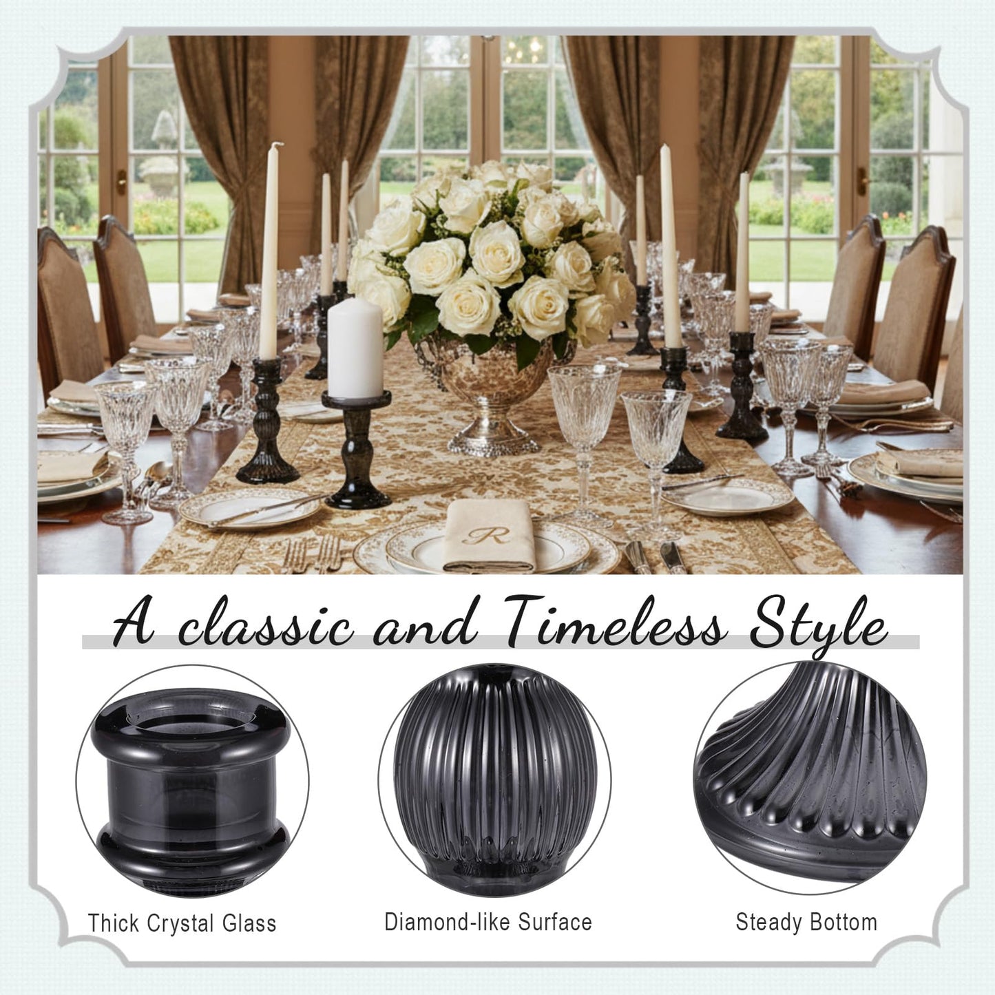 Mumufy 20 Pcs Glass Crystal Taper Candle Holders Clear Glass Candlestick Holder Fit 0.8 Inch Candles Crystal Decorative Candle Stand Centerpiece Table Wedding Dining Party (Black)