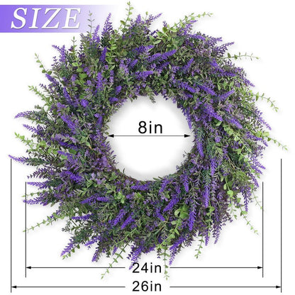26'' Large Eucalyptus and Lavender Wreath for Front Door, Porch, Window- Artificial Eucalyptus Leaves with Lavender Wreath for Home, Farmhouse Wall Decor- Spring, Summer, Fall, All Seasons (Purple)