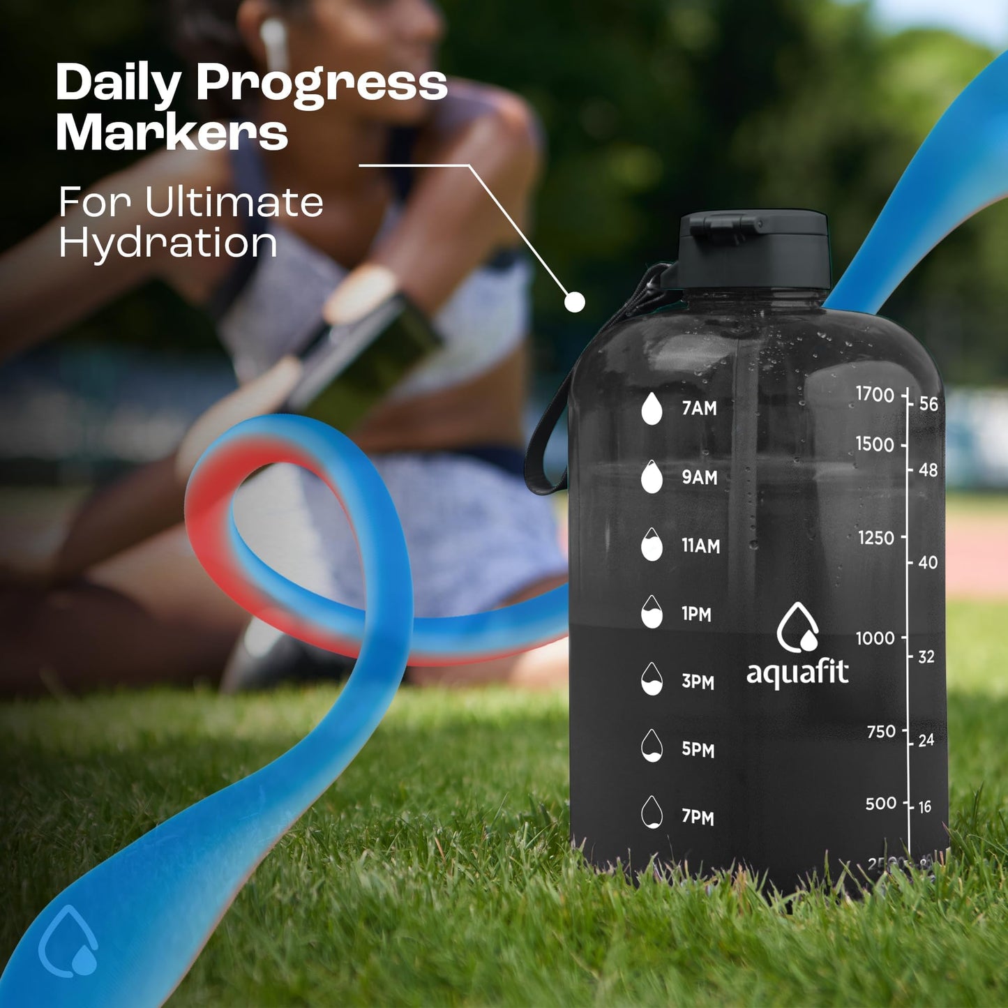 AQUAFIT 64 oz Water Bottle with Time Marker - Straw & Chug Lid - BPA Free Half Gallon Gym Water Bottle with Handle - Big Gallon Jug (Gray, 64 Ounces)