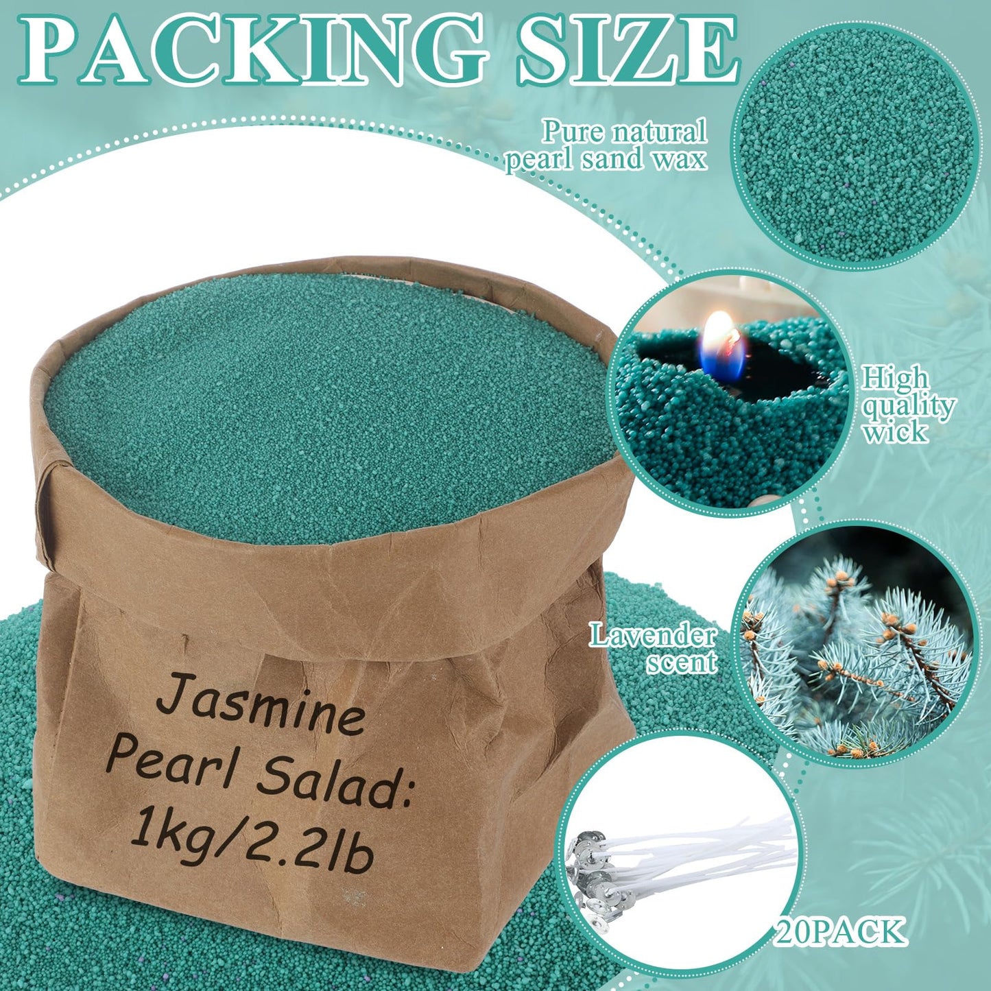 Conelist 2.2 lb Fir Scented Pearled Candle Sand Wax Set Customized Powder Making Candles Refill Kit Palm Wax All Natural Non Toxic with 20 Wicks for Christmas Gifts DIY(Green)