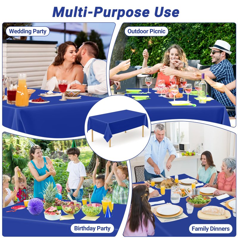 QZYL 2 Pack Picnic Table Cover, 108 x 54 Inches Blue Plastic Tablecloth, Disposable Tablecover Blue Tablecloth for Rectangle Table, Waterproof Party Supplies for Birthday Wedding Gathering