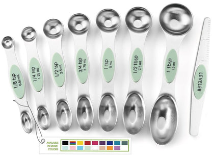 Spring Chef Stainless Steel Magnetic Measuring Spoons Set of 8 with Leveler, Dual Sided Teaspoon & Tablespoon Set, Nesting Metal Kitchen Gadgets for Baking & Cooking, Fits in Spice Jars - Pistachio