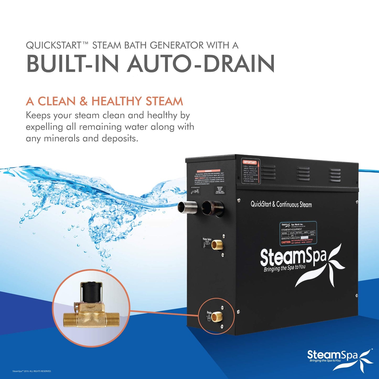 SteamSpa Generator with Quick Start Continuous Steam Technology, Wi-Fi, Bluetooth and Autodrain | 15kW Steam Generator with Gold Steam Head with Aromatherapy Reservoir | RVB1500GD-A