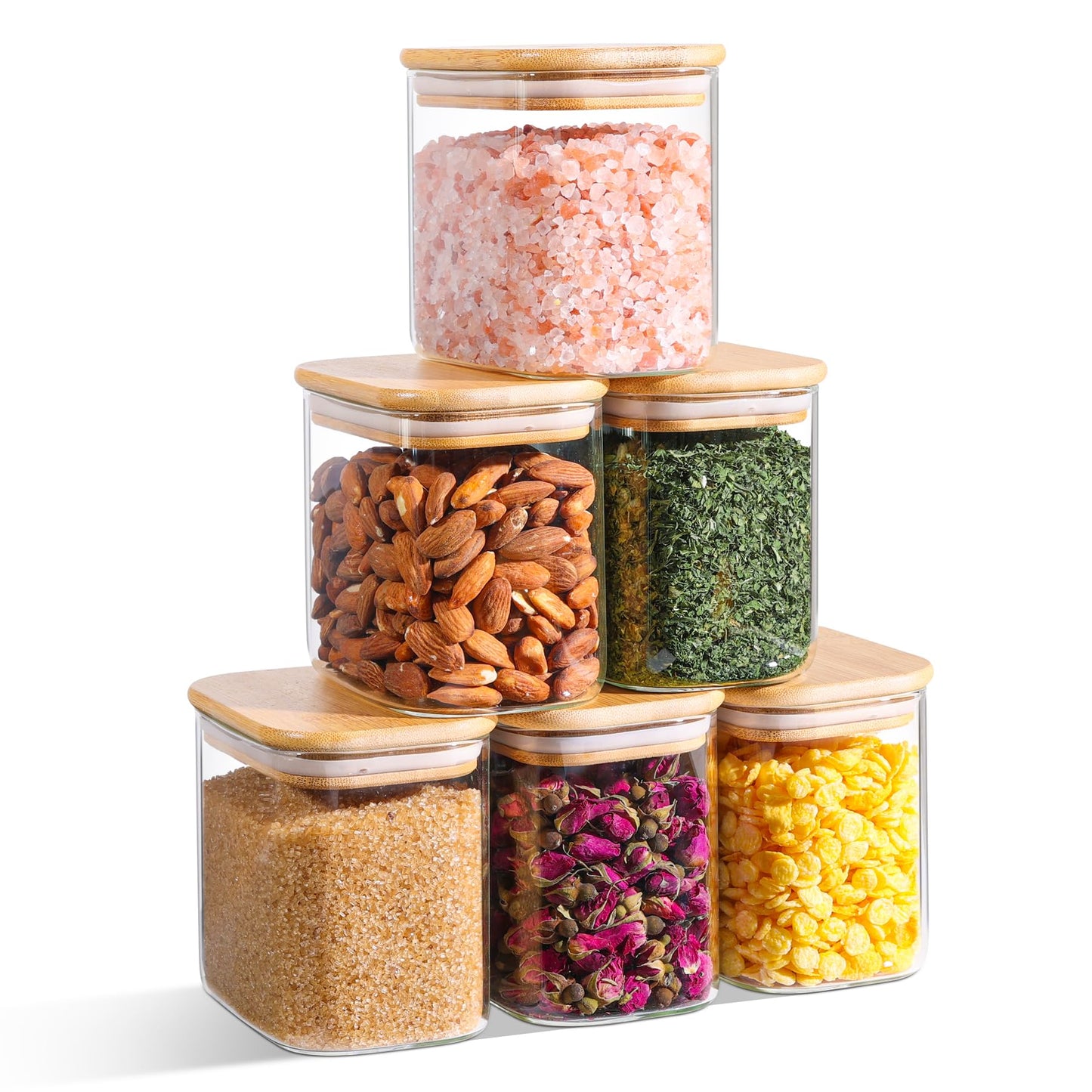 Comsaf Spice Jars with Label，8 oz Small Glass Jars with Lids, 6 Pcs Seasoning Containers, Rectangle Glass Containers with Lids, Empty Seasoning Jars for Pantry Storage, Loose Tea, Herbs, Powders, Salt