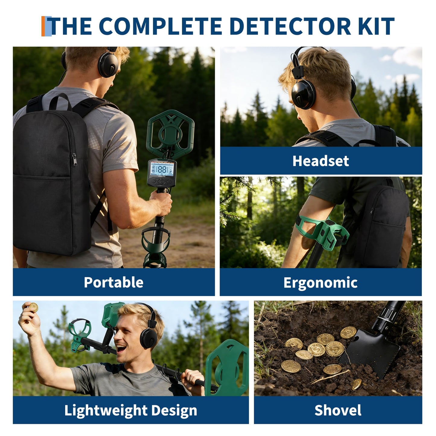 Professional Metal Detector for Adults with 5 Modes, IP68 Waterproof Search Coil, Larger Backlit LCD Display, High Accuracy Gold & Coin Detector for Beach Treasure Hunting, Beginner Friendly, Green