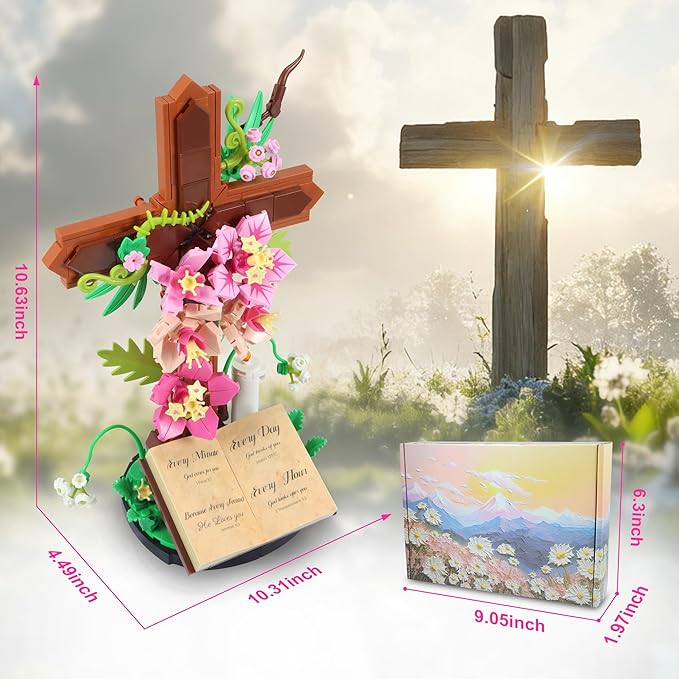Jesus Cross Flower Building Set for Adults Decorative Cross Building Blocks Great Easter Christmas Christian Birthday Gifts for Mothers Women Adults (363 PCS)