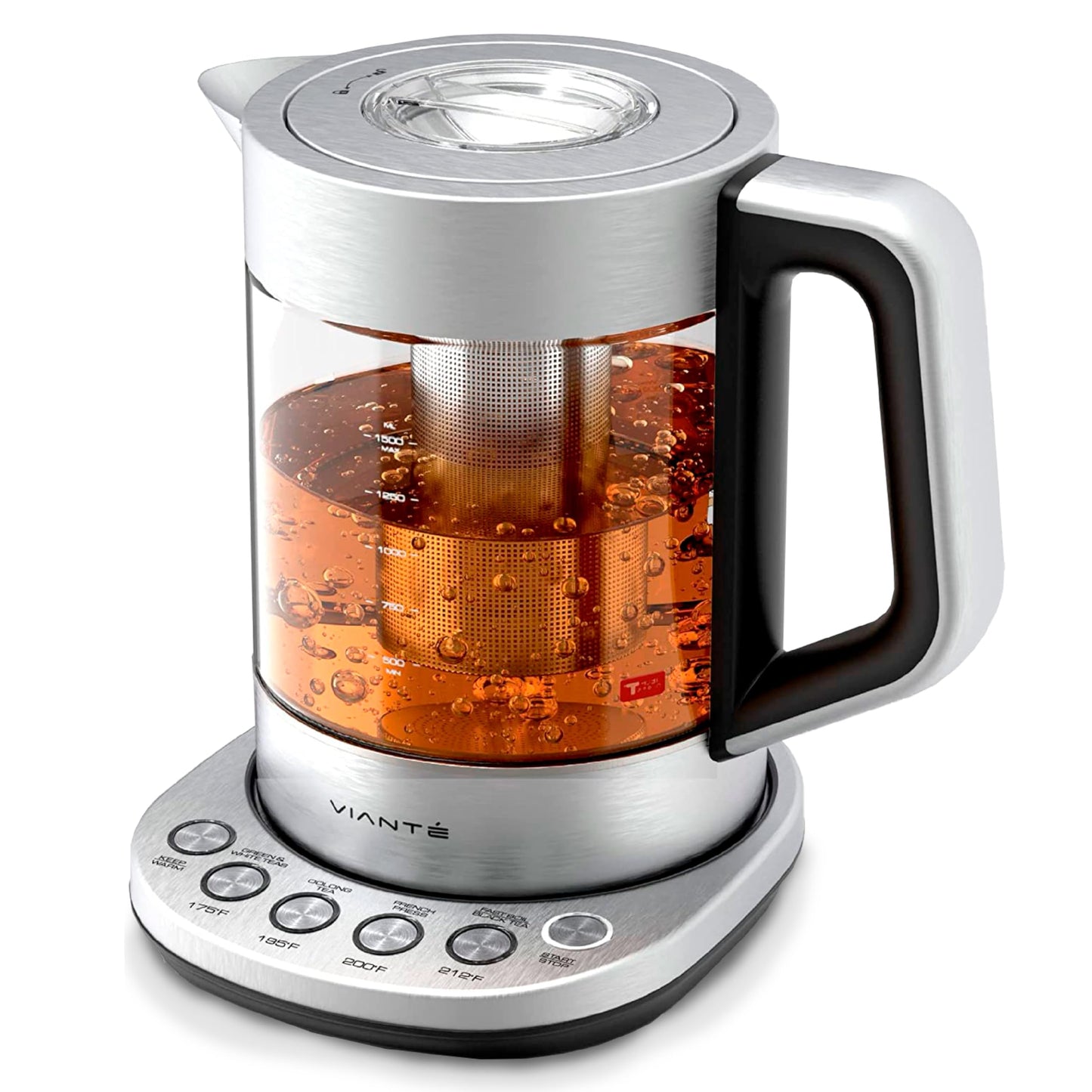 Viante Alba Electric Tea Kettle with Infuser, No Plastic In Contact With Water, 1.5L Borosilicate Glass, 304 Stainless Steel, 4 Temperature Presets, Keep Warm, Cordless, Auto Shut-Off
