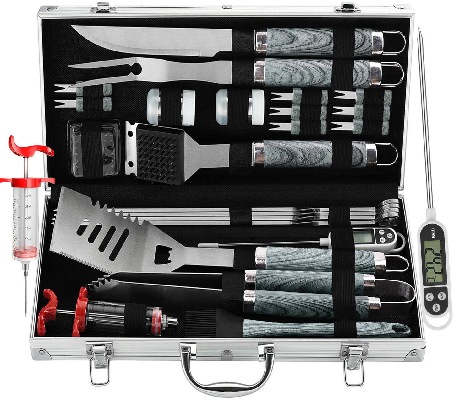 grilljoy 24PCS BBQ Grill Tools Set with Meat Thermometer and Injector - Extra Thick Stainless Steel Fork, Spatula& Tongs - Complete BBQ Accessories in Aluminum Case - Perfect Grill Gifts for Men Grey