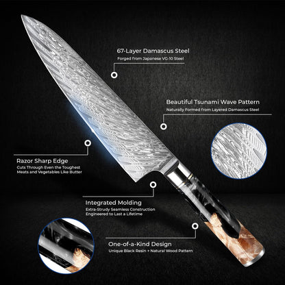 SENKEN 7-Piece Damascus Kitchen Knife Set - Tsunami Collection - 67-Layer Japanese VG10 Steel - Chef's Knife, Cleaver, Santoku, Bread, Boning, & More (Black Resin Blend)