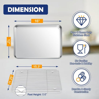 Joyfair Stainless Steel Baking Sheet Pan Set - 16 Inch Toaster Oven Tray & Cooling Rack, Rust-Free & Dishwasher Safe