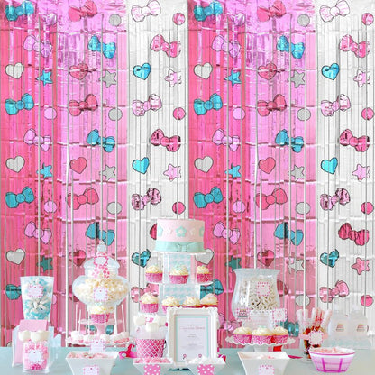 Bupelo Kawaii Birthday Decorations, 2 Pack Cartoon Cat Theme Party Supplies, 3.3 x 6.6ft Tinsel Foil Fringe Curtains, Bow Photo Booth Props, Backdrop Streamers, Perfect Room & Doorway Decor for Girls