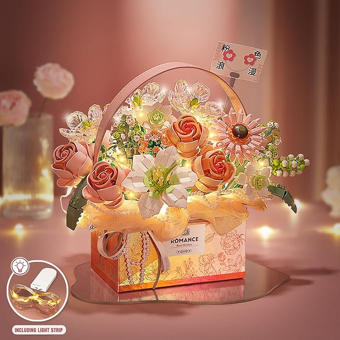 Flower Bouquet Building Blocks Model SetSimulation Artificial Rose Handheld Gift BoxBonsai Plant Building Bricks ToysHome Decor (Fantasy Pink)