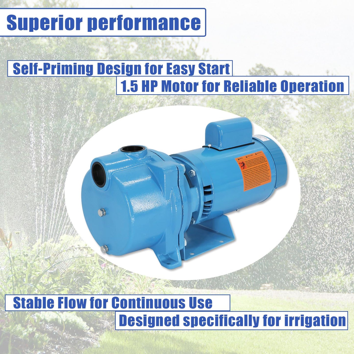 GT15 Self-Priming Centrifugal Pump, 1.5HP, Single Phase Cast Iron Water Pump for Agricultural & Landscape Irrigation
