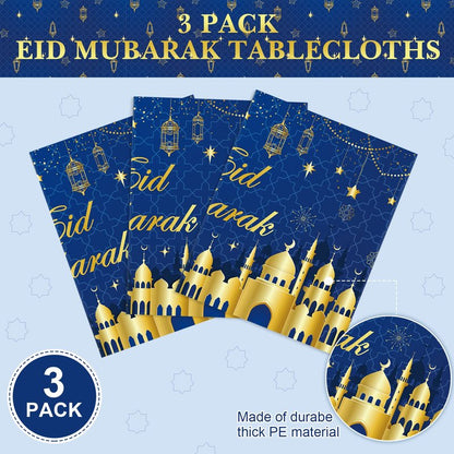 3 Pcs Eid Mubarak Tablecloth 54" x 108" Plastic Ramadan Table Cloth Disposable Rectangle Ramadan Kareem Table Covers Muslim Islamic Moon Star Party Tablecloth for Eid Al Fitr Party Decoration Supplies