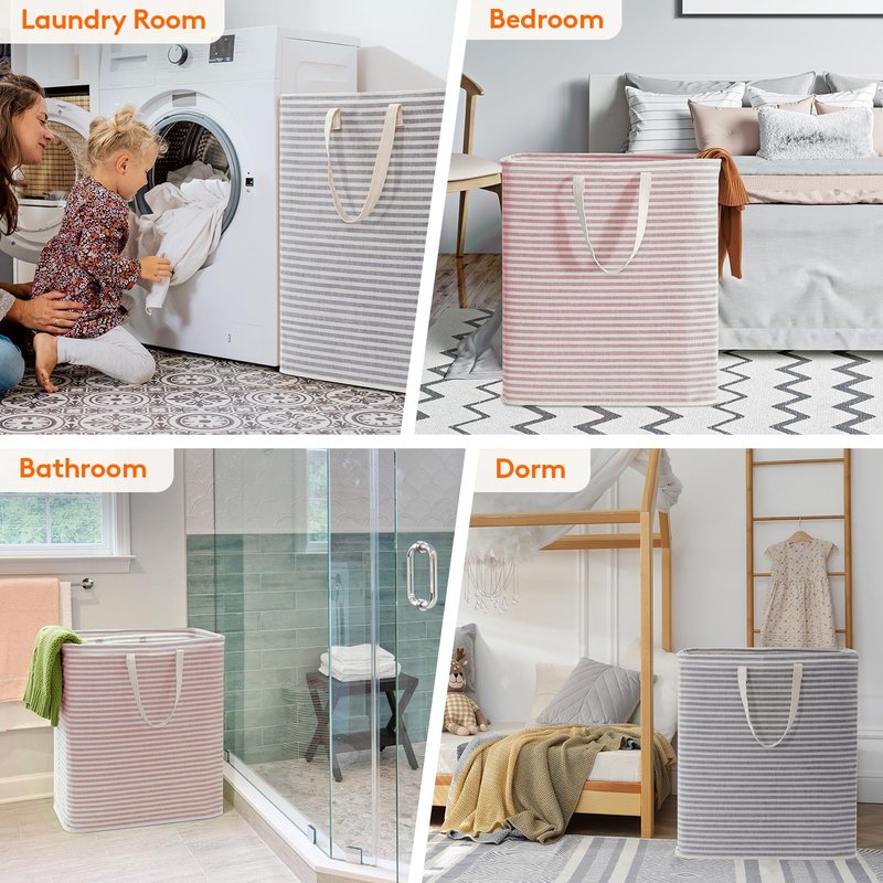 Lifewit 2 Pack Laundry Basket 100L Each, Collapsible Clothes Hamper with Reinforced Handles, Freestanding Waterproof Design for Bedroom and Laundry Room, Grey&Pink 200L Total