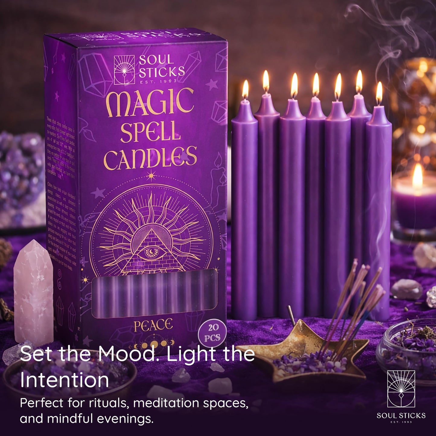 SOUL STICKS Peace Magic Spell Chime Taper Candles 20 Pack - Ideal for Altar, Rituals, Ceremonies, Meditation Purple Candle for Witchcraft Supplies, Wiccan, Unscented Candles Clearance