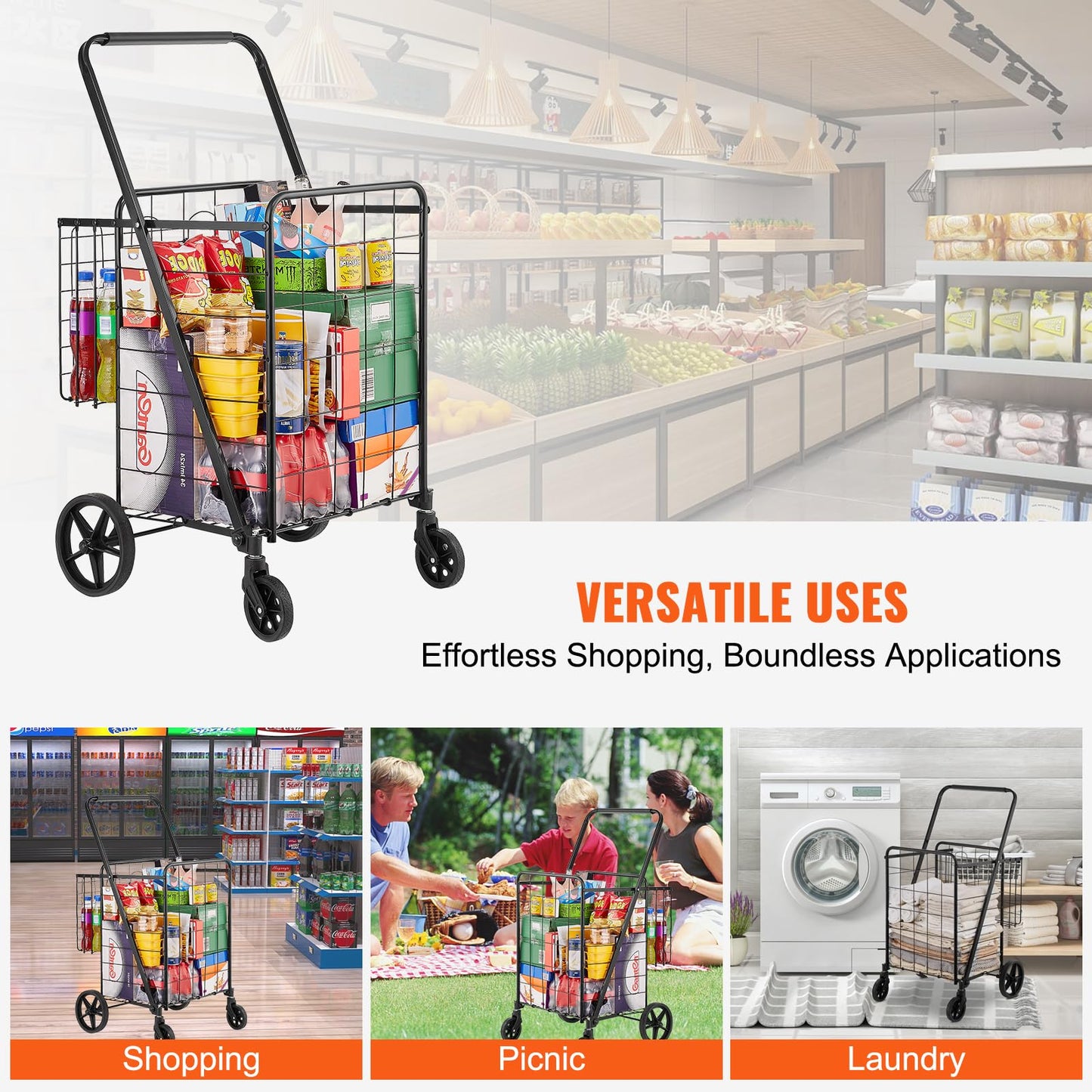 VEVOR Folding Shopping Cart, Jumbo Grocery Utility Cart with Double Baskets, 360° Swivel Wheels, 110 LBS Large Capacity Heavy Duty for Laundry, Shopping, Grocery, Luggage, Black