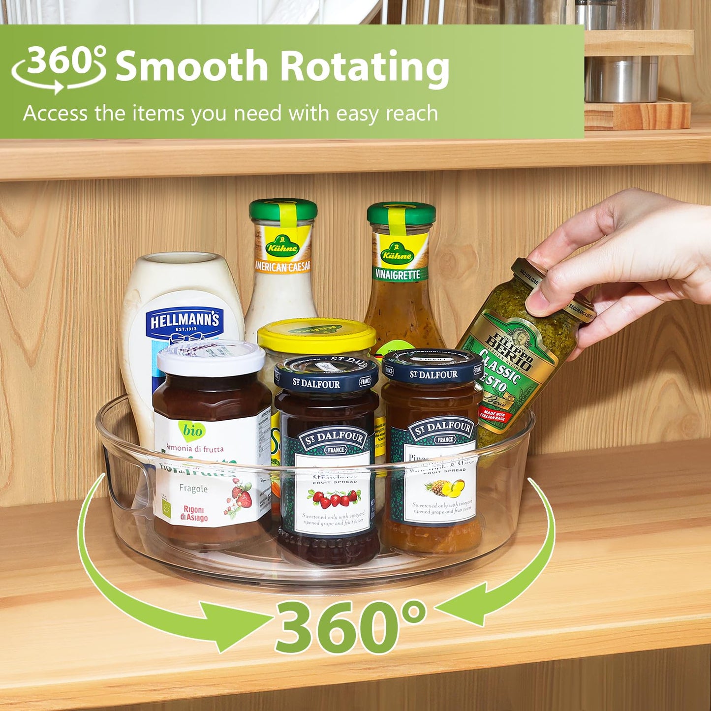 4 Pack Lazy Susan Organizer for Cabinet, Upgraded 11.5" Clear Turntable Organizer with Handles and Raised Edge, Rotating Lazy Susan Spice Storage for Kitchen, Pantry, Refrigerator, Bathroom, Table