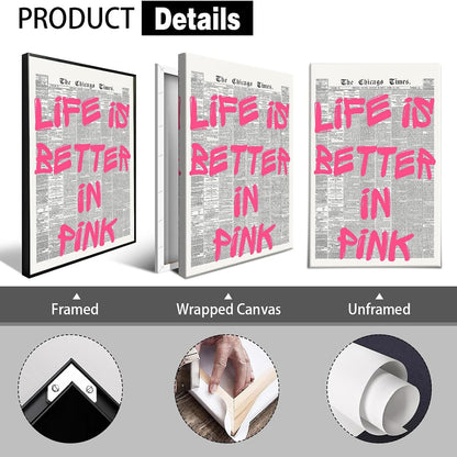 Skiennix Pink Wall Art - Retro Newspaper Canvas Poster with Positive Quote | 16x24in Minimalist Decor