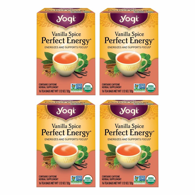 Yogi Tea Vanilla Spice Perfect Energy - 16 Bags per Pack (4 Packs) - Organic Vanilla Energy Tea - Focus Tea - Includes Green Tea, Black Tea, Ashwagandha, L-Theanine & More
