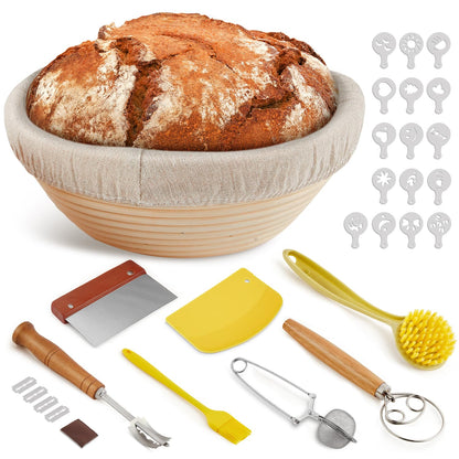 Banneton Bread Proofing Basket, Sourdough Starter Kit, 9" Round Sourdough Bread Baking Supplies with Dough Whisk, Bread Lame, Brush, Scrapers, Flour Duster & Stencils, Bread Making Tools Gift Set
