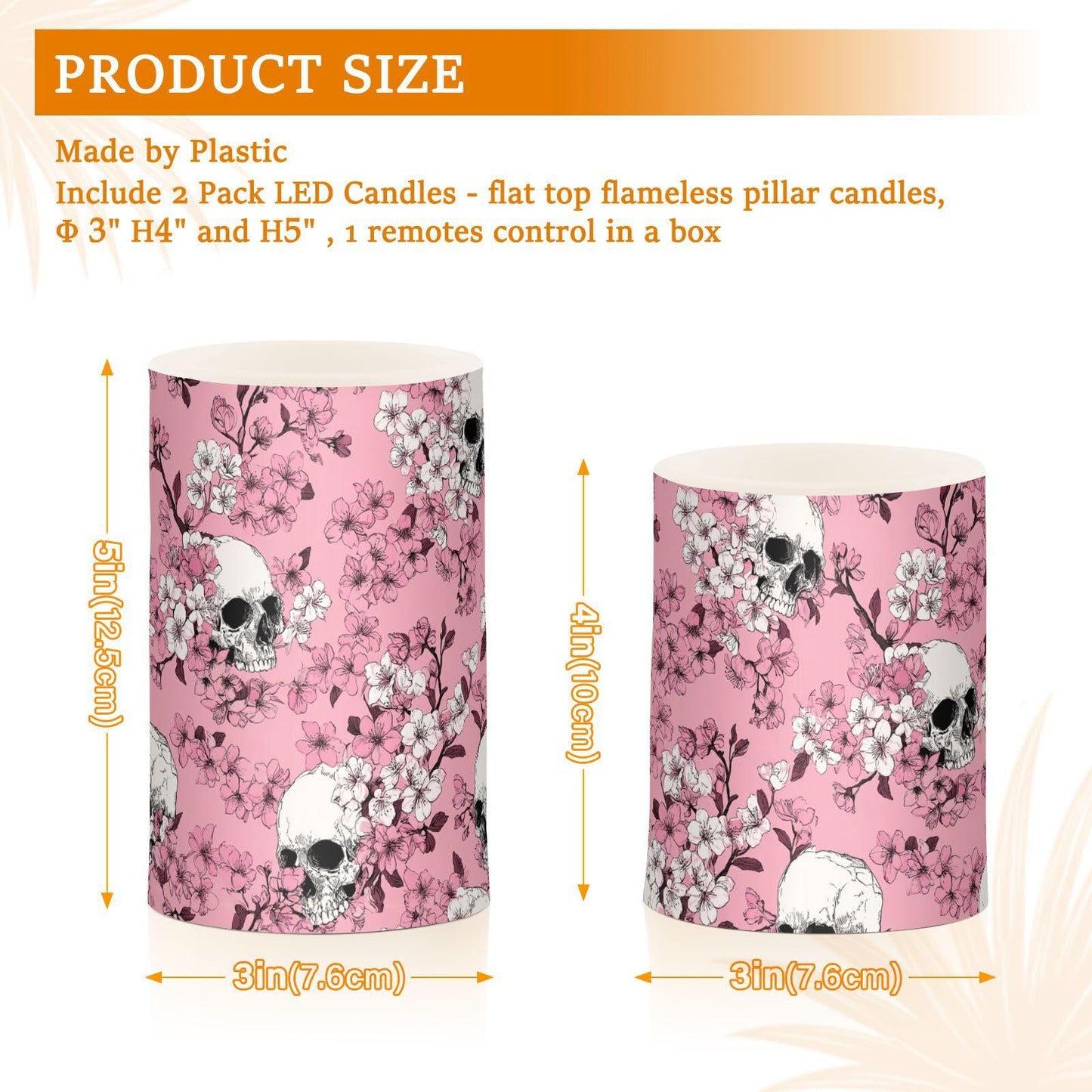 Pigsaly Flameless Candles Battery Operated Pink Cherry Blossoms White Skulls Flickering Led Pillar Candles with Remote Control Colour Changing Warm Light Candles for Halloween Christmas Wedding