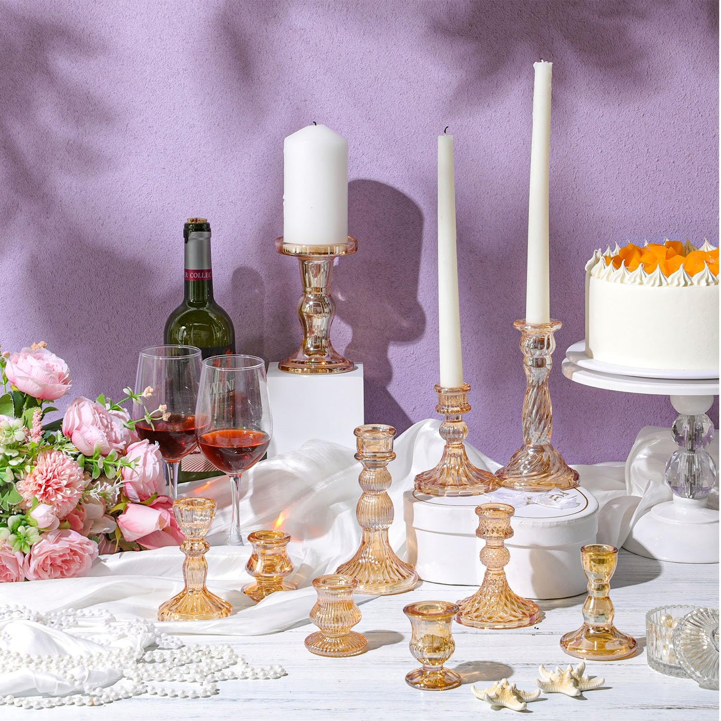 Mumufy 10 Sets Glass Crystal Taper Candle Holders Stand Centerpiece Bulk with 10 in Taper Candles Sticks Clear Decorations Table Wedding Dining Party (Gold)