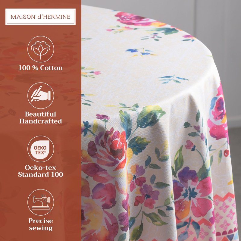 Maison d' Hermine Table Cloth Round Table 100% Cotton 63 Round Inches Tablecloth Reusable Decorative for Dining Kitchen Room Farmhouse Home Gifts for Mothers Day Spring Summer - Rose Garden